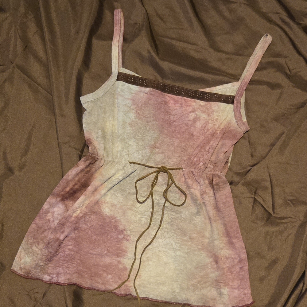 Y2K Xhilaration Tie Dye Cami Velvet Trim Leather Tie Empire Waist Boho Top S